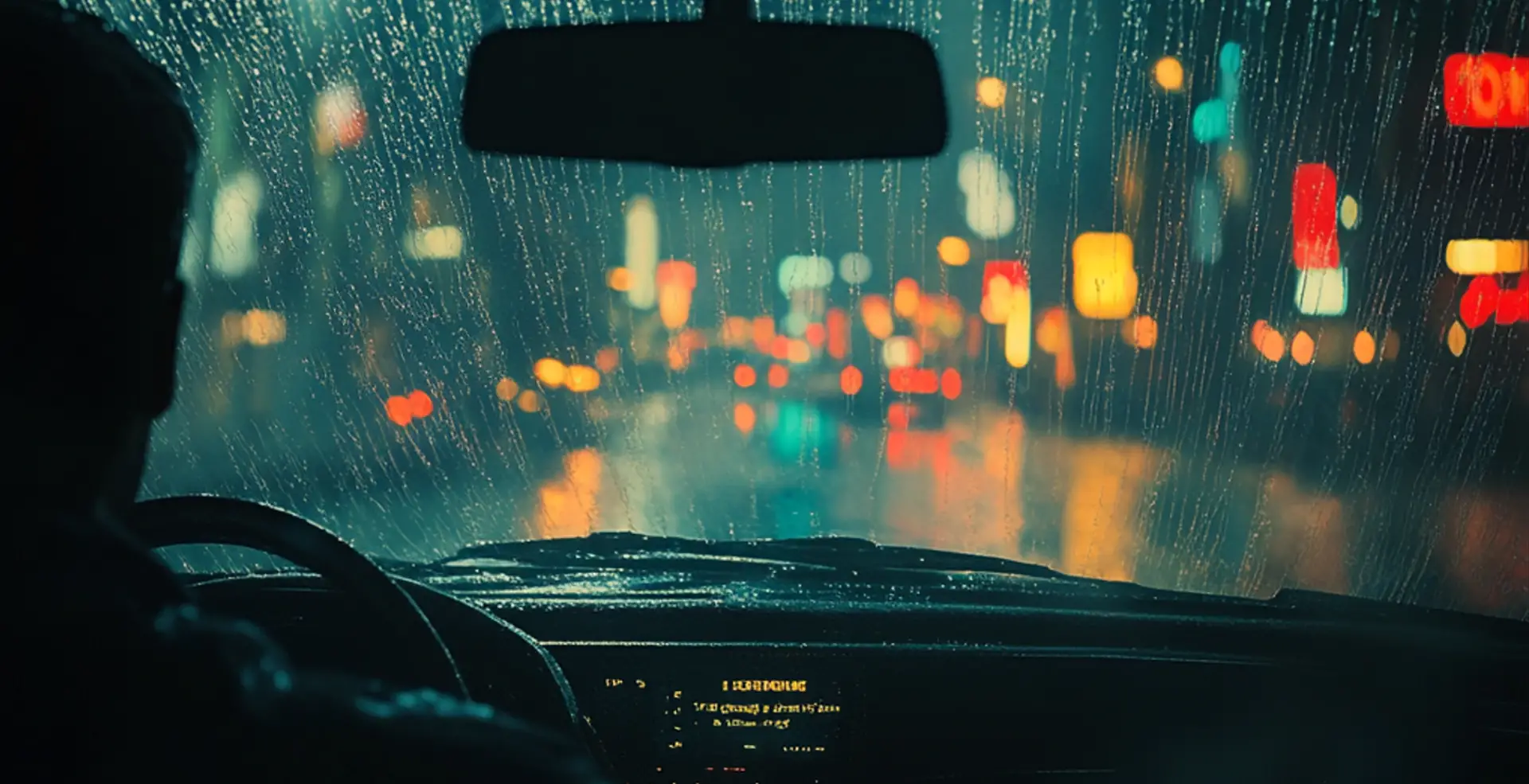 Night city lights seen through a rain-covered car windshield from the driver’s perspective.