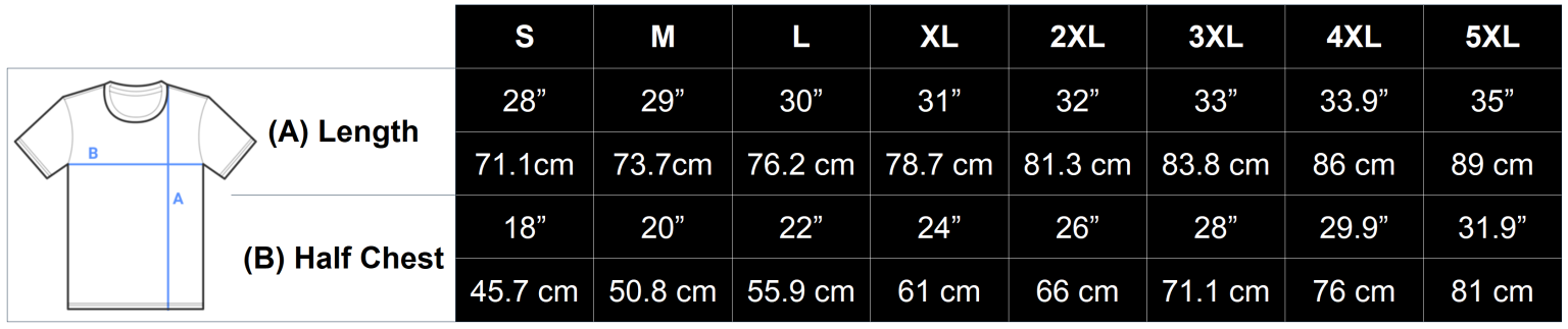 T-shirt size guide showing length and half chest measurements for sizes S to 5XL