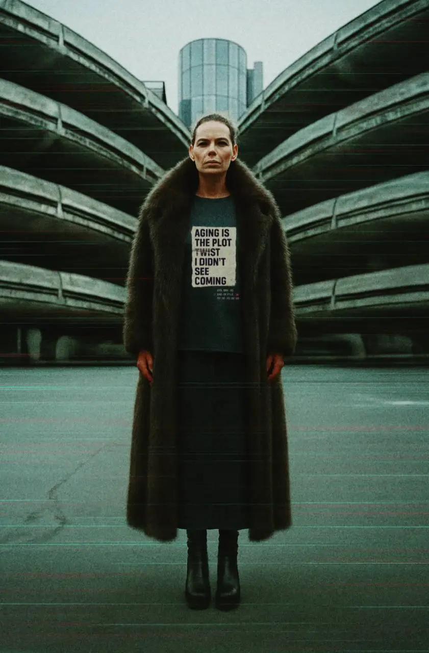 Woman wearing a t-shirt reading Aging Is the Plot Twist I Didn’t See Coming, standing in a brutalist car park.