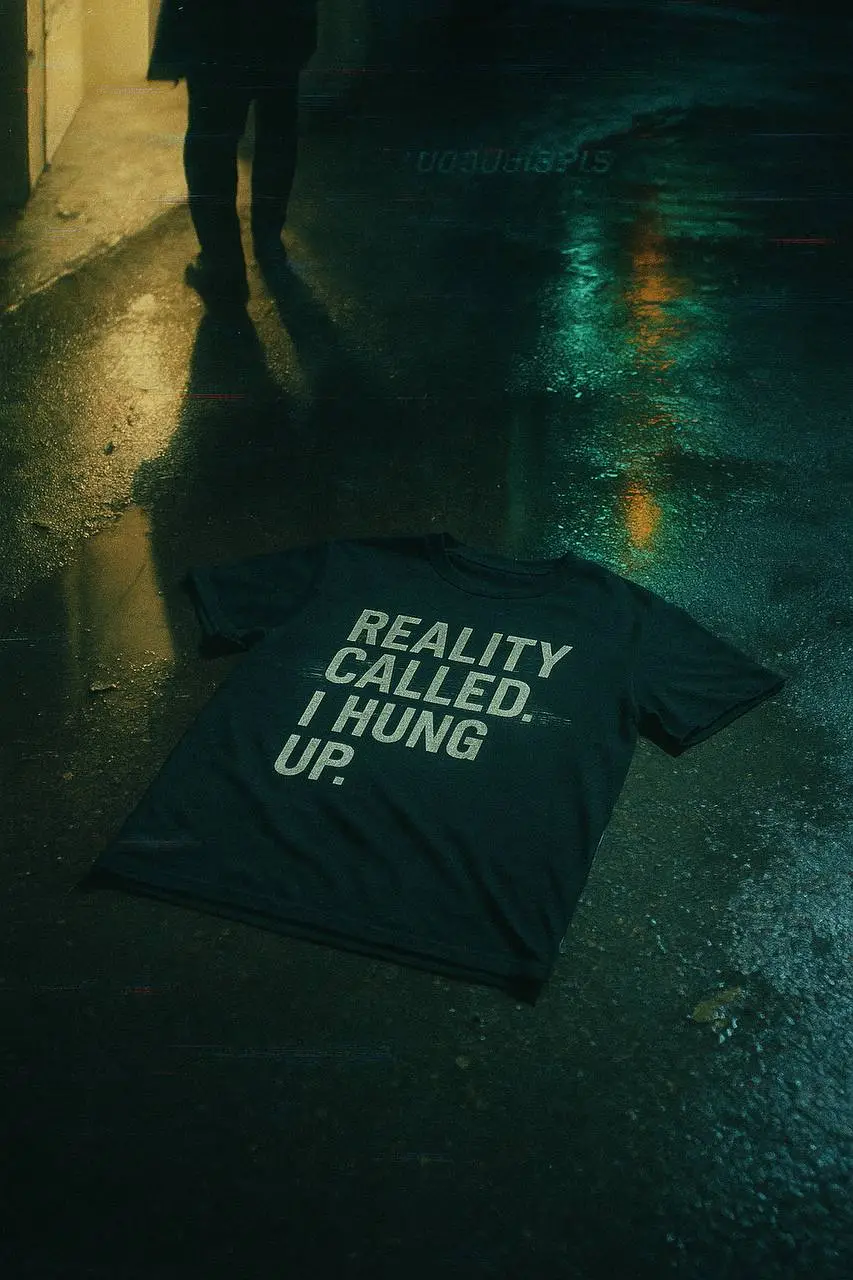 T-shirt reading "Reality Called. I Hung Up." lying on wet pavement with neon reflections at night.