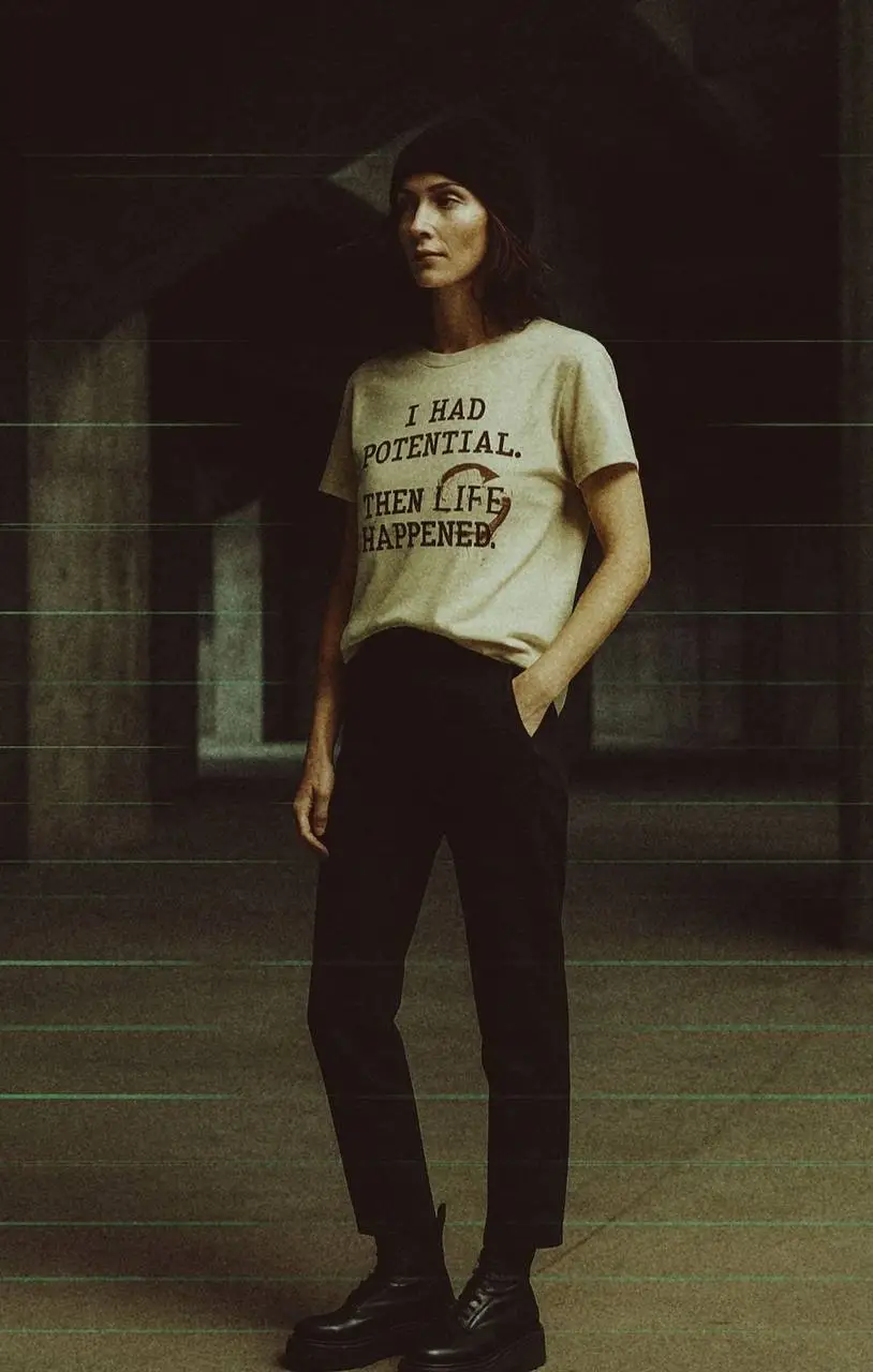 Woman wearing a beige t-shirt reading I Had Potential. Then Life Happened standing in a dim urban space.