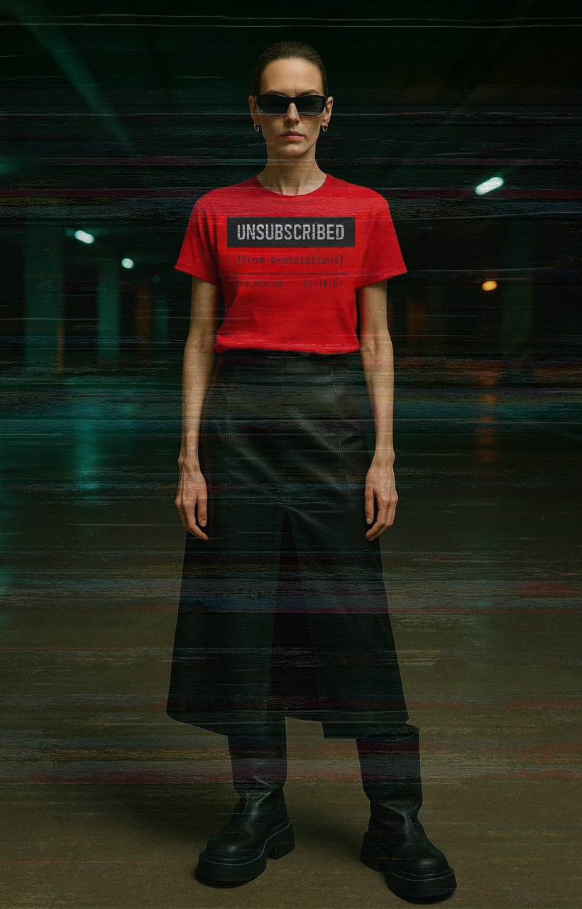 Woman in sunglasses wearing a red T-shirt that reads "UNSUBSCRIBED [from expectations]" in a dim urban space.